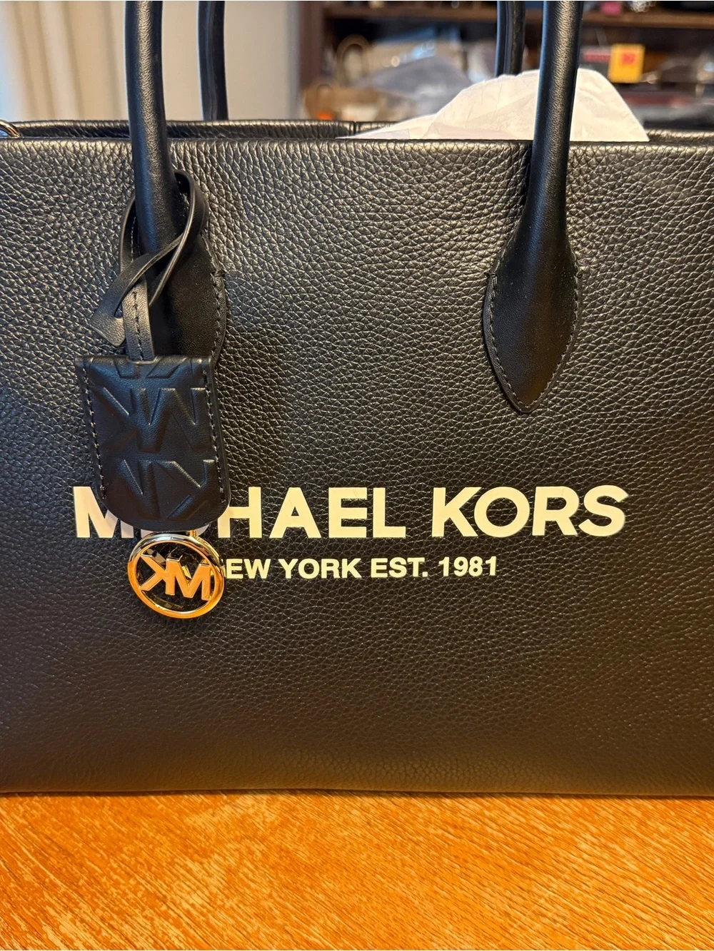 Michael Kors Black Pebbled Leather Logo Tote with Gold Accent